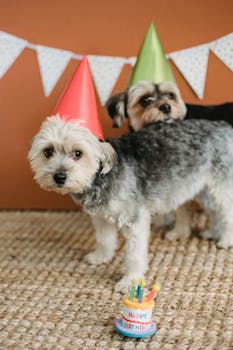 Calm purebred Yorkshire Terriers in colorful party hats  standing on carpet with small decorative birthday cake in light room with festive decorations