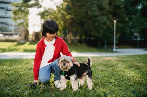Little girl spending time with dog outside