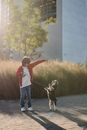 Child Training Dog To Stand on City Street