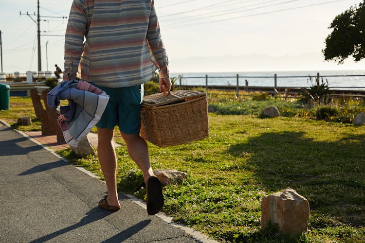 Person In Striped Long Sleeve Shirt Carrying A Picnic Basket