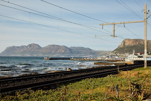 Railway tracks along the coastline with mountain backdrop and distant town view