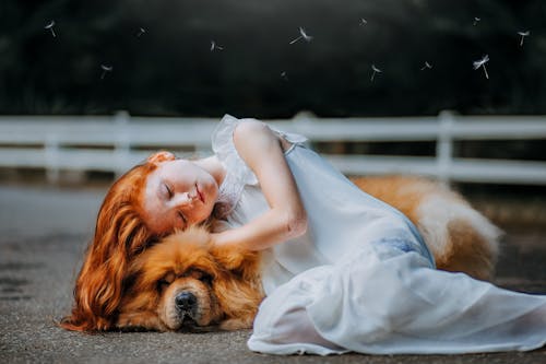 Niña Y Perro Durmiendo Sobre Pavimento Gris