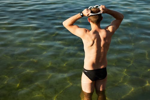 Back View of a Man Putting on His Goggles