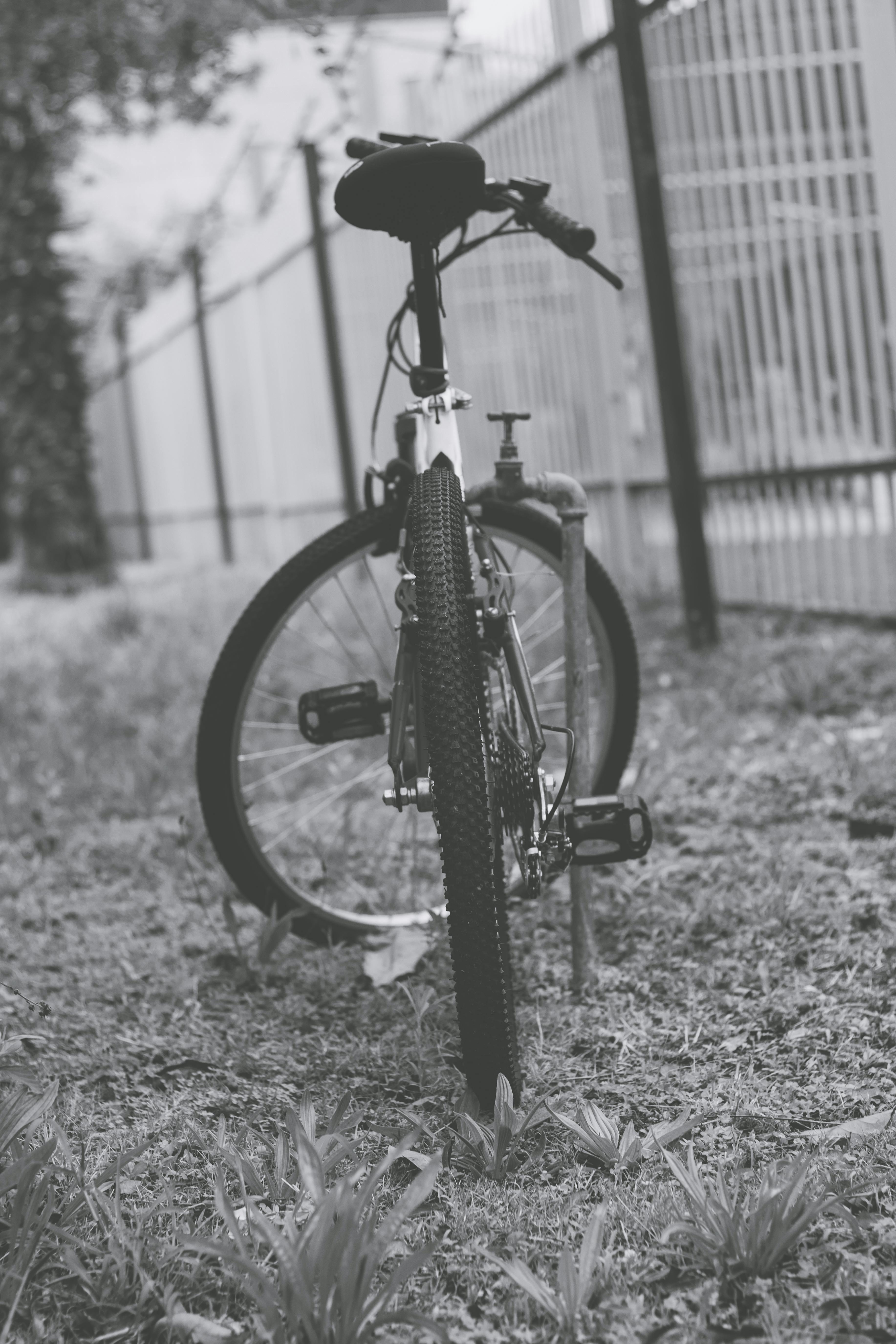 Grayscale Photo of a Bicycle on the Grass · Free Stock Photo