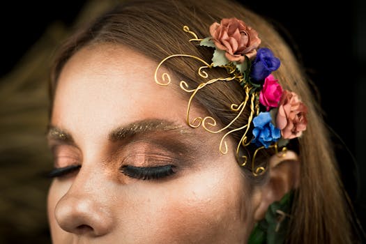 Close-up of a woman with artfully designed floral and metallic eye makeup, exuding creativity and elegance.