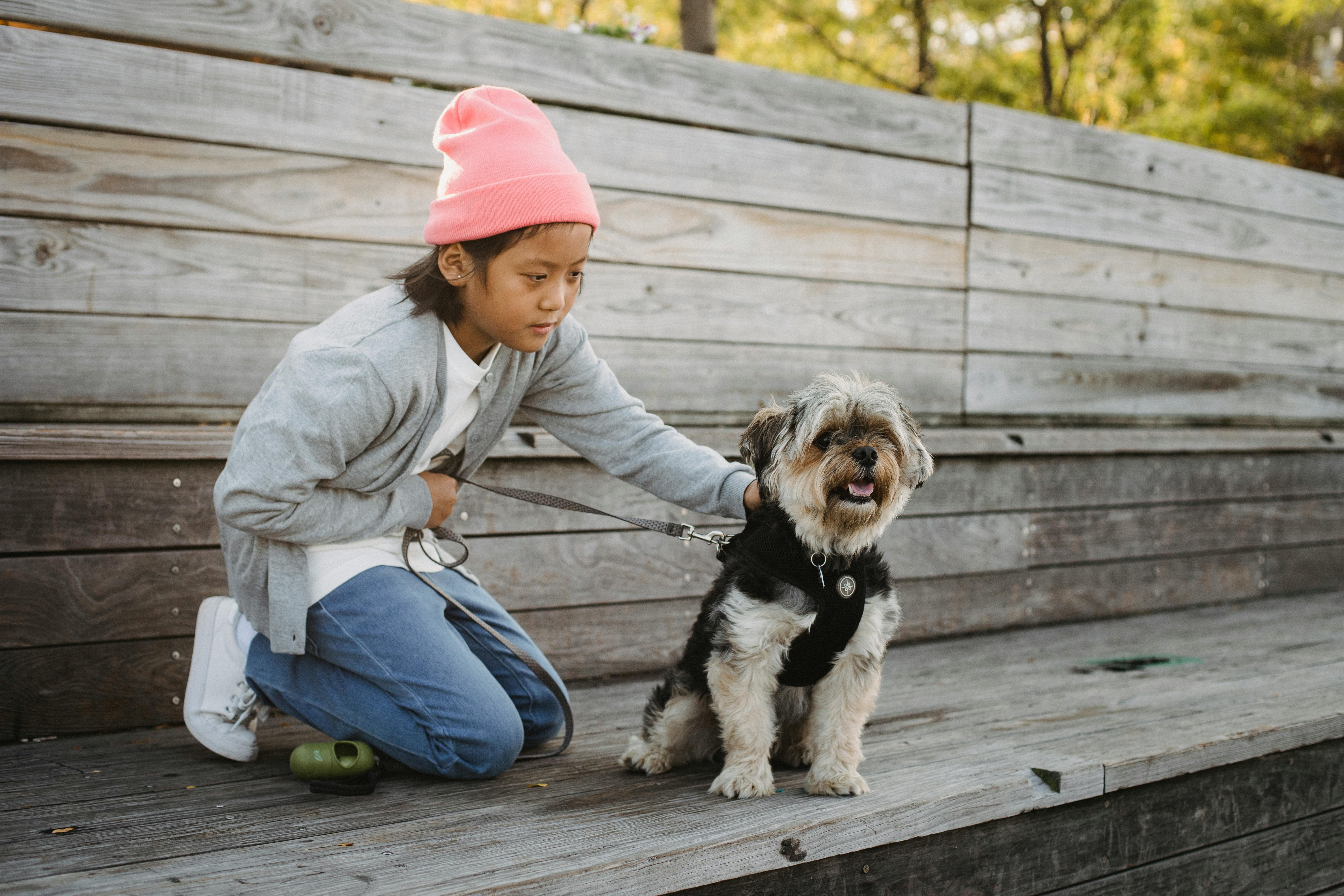 asian boy caressing adorable purebred dog on urban stairs