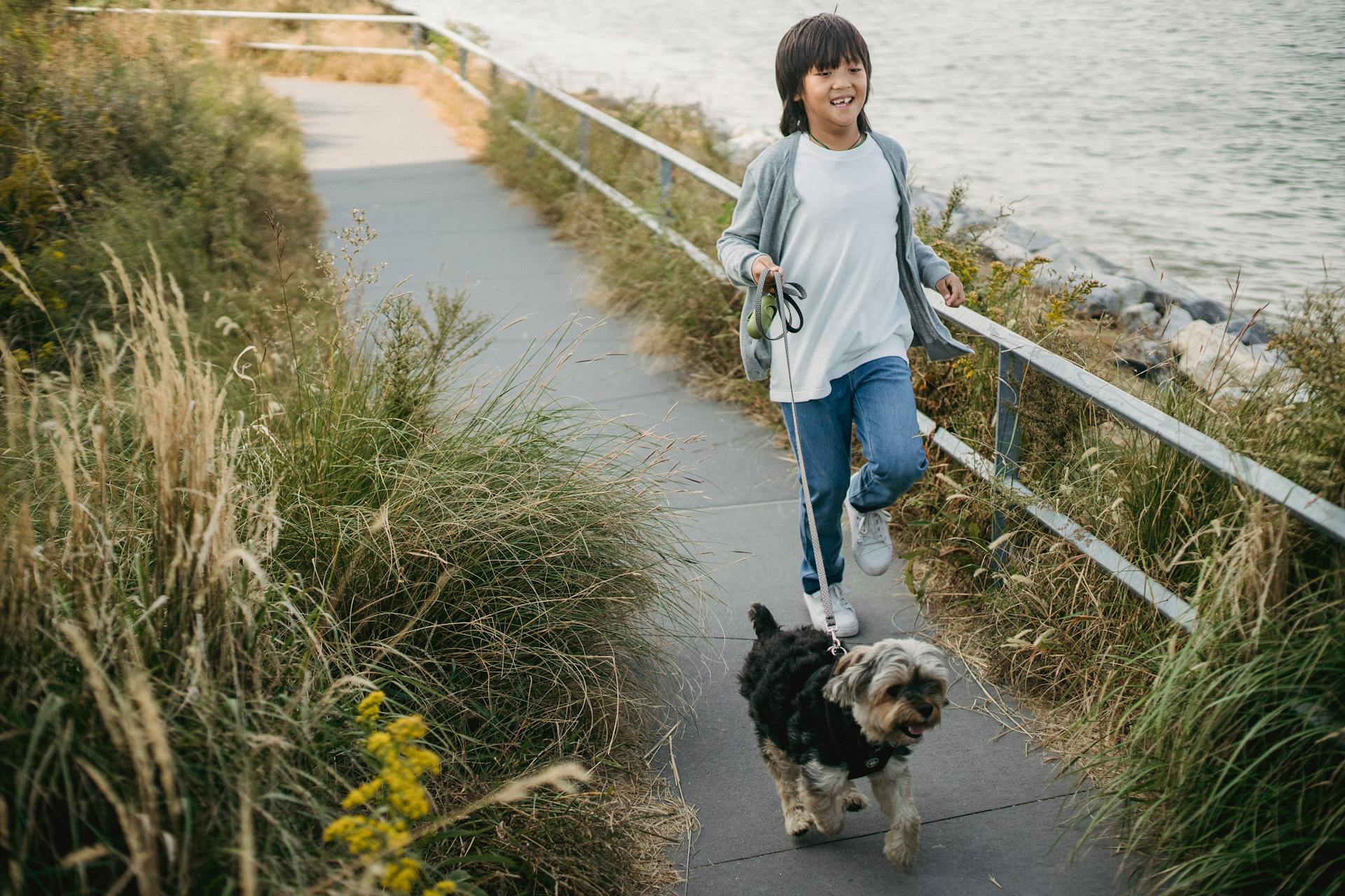 Happy little boy running with puppy