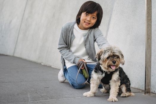 在一个阳光明媚的日子里，小男孩跪在他快乐的约克郡猎犬旁边