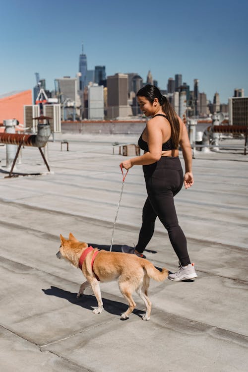 Active woman with dog on leash