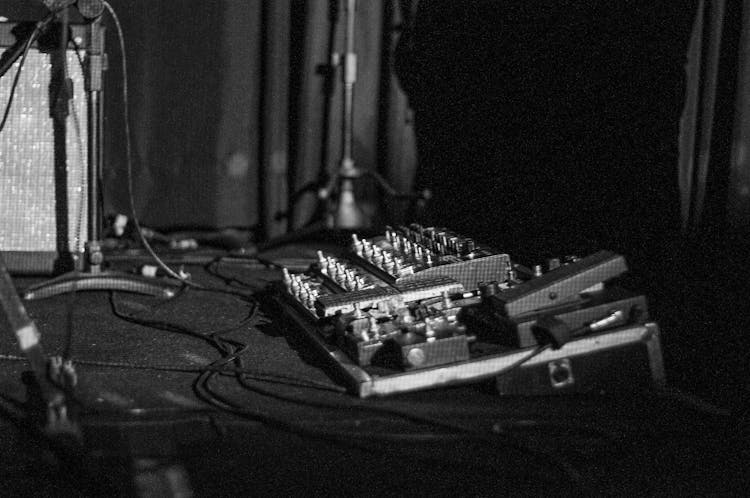 Vintage Sound Mixer With Connected Microphone Cable On Stage