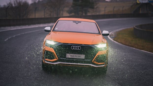 Front view of a yellow Audi RS Q8 driving on a wet road with headlights on, showcasing luxury.