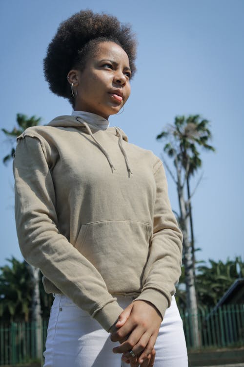 Kostenloses Stock Foto zu afro-haar, afroamerikaner-frau, blauer himmel