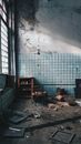 Old house with damaged furniture near weathered wall