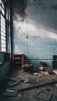 Explore the rustic charm of an abandoned room with worn furniture and scattered debris in Sankt-Peterburg.