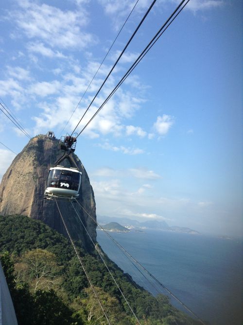Free A beautiful view of Sugarloaf Mountain and cable car in Rio de Janeiro against a bright blue sky. Stock Photo