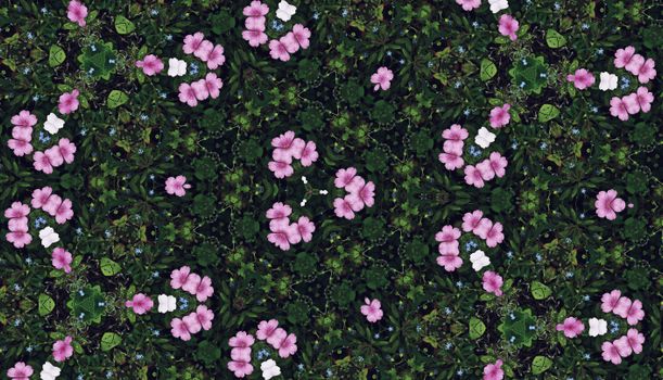 A colorful kaleidoscope pattern featuring pink and white flowers with green foliage.