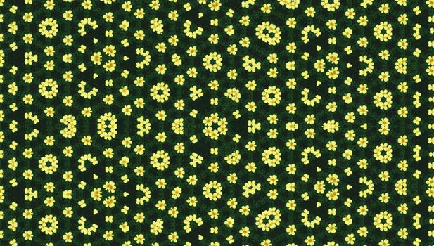A seamless floral pattern featuring vibrant yellow flowers arranged on a dark background, perfect for textiles and wallpapers.