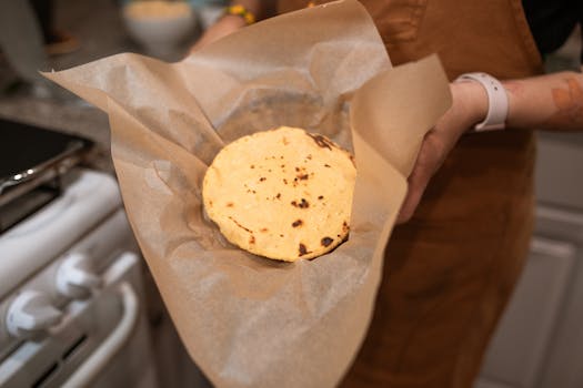 Close-up of a freshly baked tortilla on parchment, showcasing delicious artisanal bread.