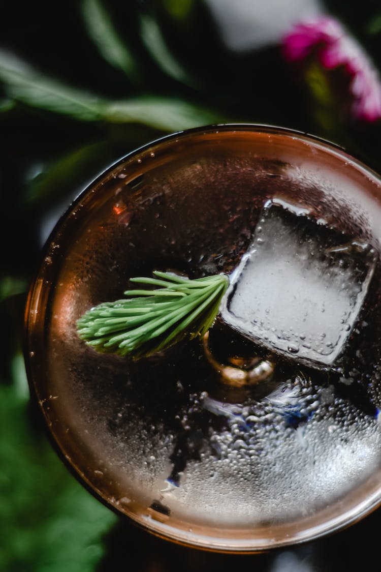 A Melting Ice Cube Beside A Green Leaf On A Round Surface