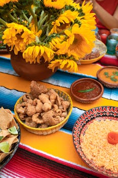 Colorful spread of Mexican food with sunflowers, pork rinds, and rice on a festive tablecloth.