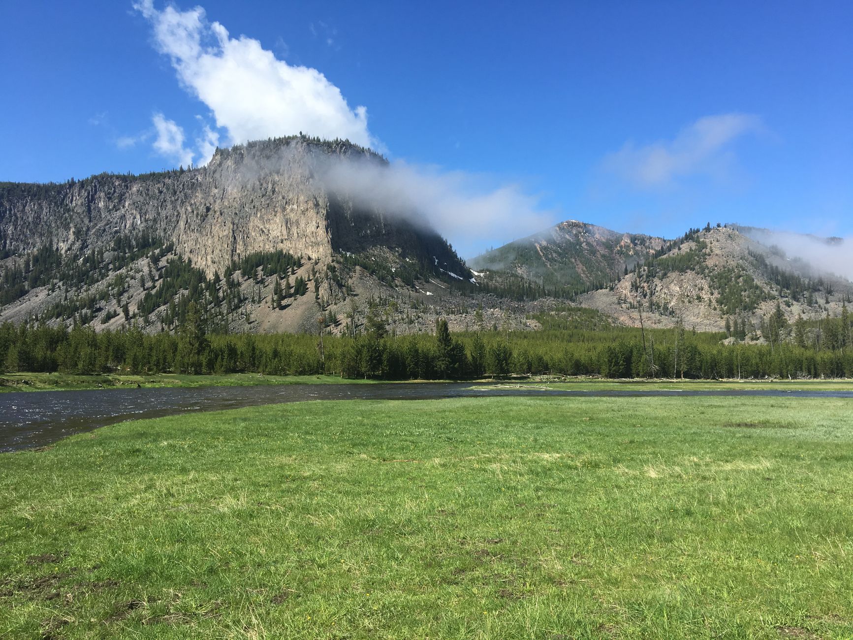 Breathtaking view of Yellowstone's mountains and meadows on a clear summer day.