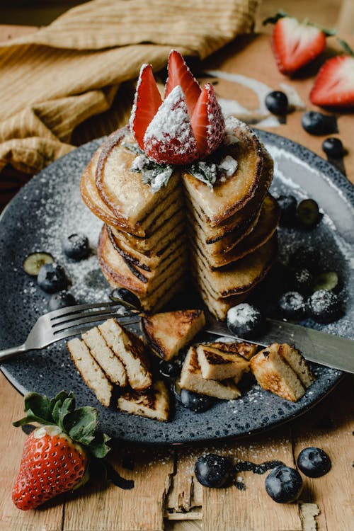 Free Stacked Pancakes Garnished with Berries  Stock Photo
