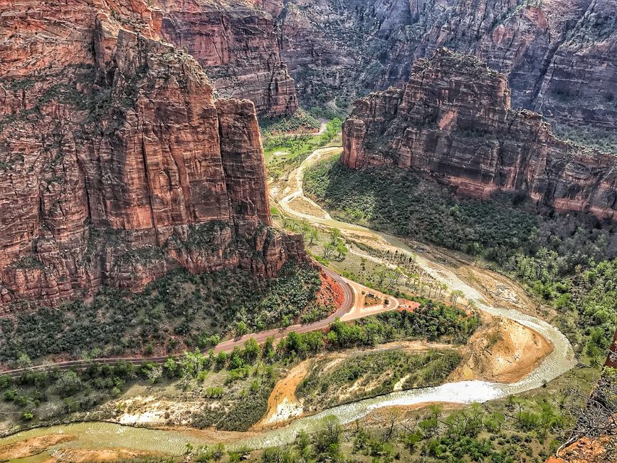 Incredible 7-Day Tour from Las Vegas to Yellowstone National Park Review 2026 - Stunning aerial view of Zion National Park's canyon and river in Utah.