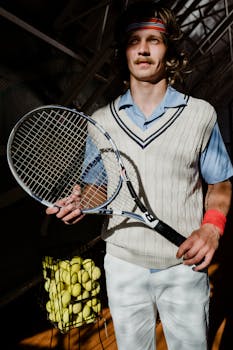 Stylish retro-themed tennis player posing confidently with racket and headband indoors.