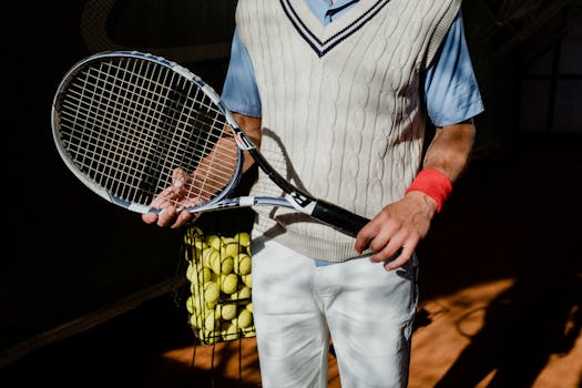 Tennis player holding racket with tennis balls on court, ready for action.