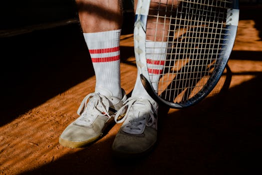 Close-up of tennis shoes, socks, and a racket on a clay court with shadows.