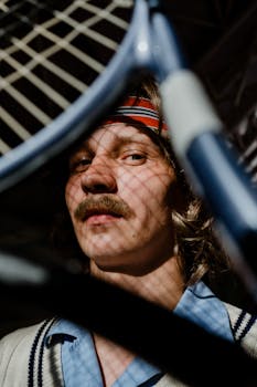 Retro-styled close-up of a tennis player casting shadows through a racket.