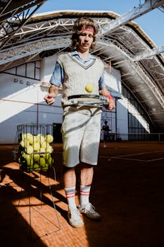A vintage-style tennis player balances a ball on a racket indoors with a basket of tennis balls nearby.