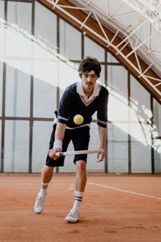 A male tennis player with a vintage style outfit in a dynamic indoor match.