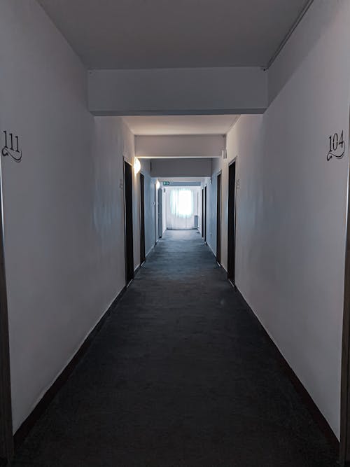 Perspective view of empty hallway with doors and numbers on white walls with window at end of corridor in building