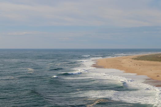 Scenic aerial view of Nazaré beach in Portugal with gentle waves and sandy shore.