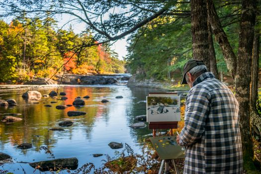 Back view of anonymous male artist with palette and canvas against water reflecting bright trees in fall