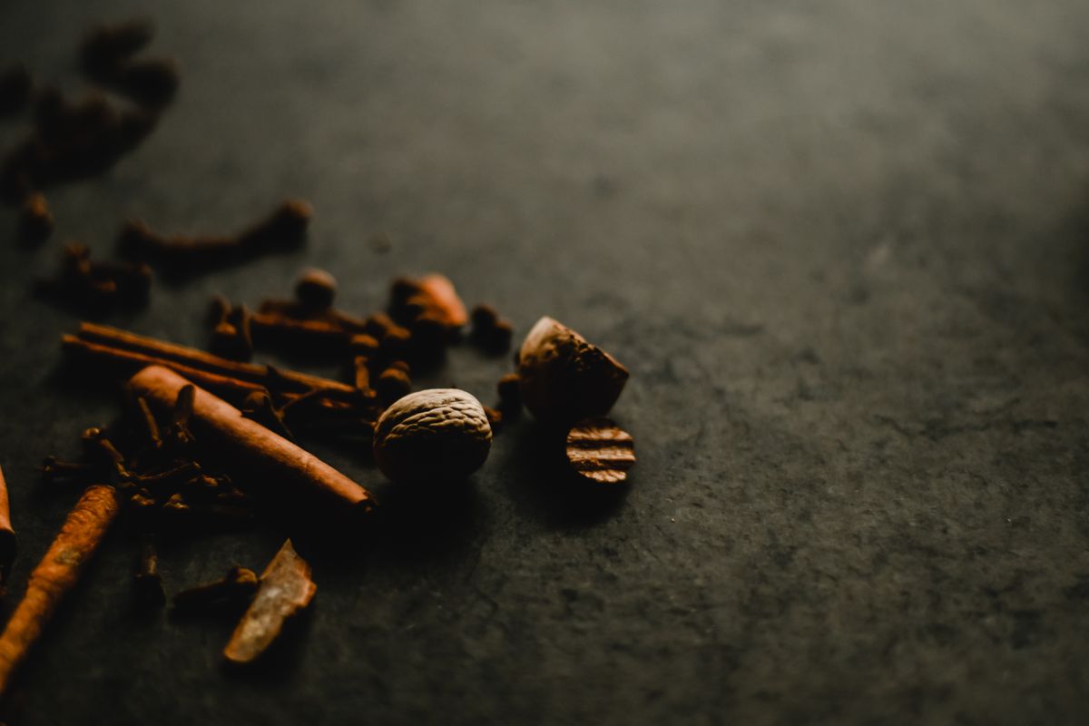 Cinnamon, nutmeg and aromatic spices on a dark surface — visual inspiration for Warm & Spicy