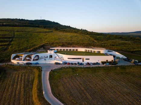 Aerial view of a modern winery amidst the scenic countryside of Bara, Slovakia.