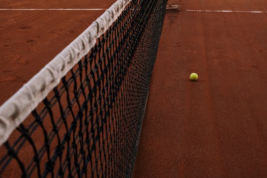 A tennis ball rests on a clay court next to the net, captured from a high angle.