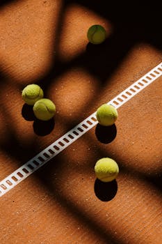 Cluster of tennis balls on a sunlit clay court with intricate shadows.