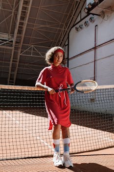 一名身穿红色连衣裙的女子站在室内红土场的网球网前