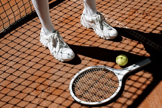 Tennis player's legs with racket and ball on clay court under bright sun and shadow patterns.