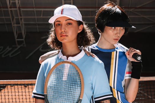 Two young tennis players in sportswear pose confidently on a tennis court under bright daylight.