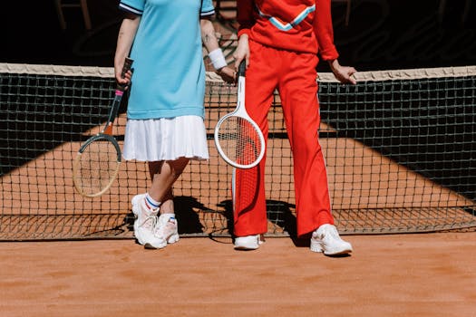 Two tennis players in sporty outfits standing at the net on a clay court.