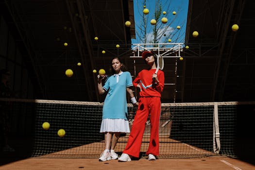 Two women in stylish sportswear playing tennis with dynamic tennis balls on an outdoor court.