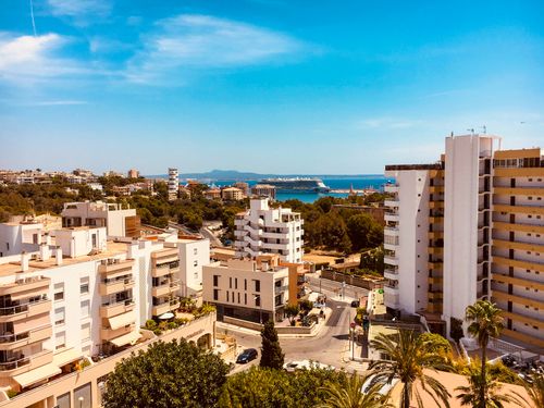 Free Featuring the beautiful coastal cityscape of Palma, Spain, under a clear blue sky. Stock Photo