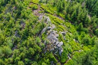 从山上俯瞰，郁郁葱葱的绿色森林中岩石地形格外突出