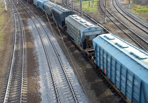 Aerial View on Cargo Train and Railroad Tracks 