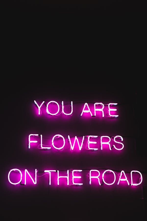 Pink color neon glowing text with poetic and inspiring words You are flowers on the road on black background