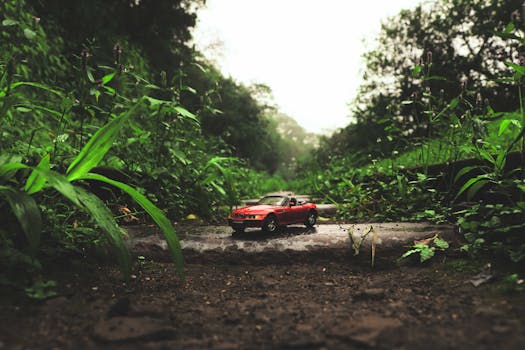 一辆红色宝马小型玩具车停在绿意盎然的草地上，营造出梦幻般的场景